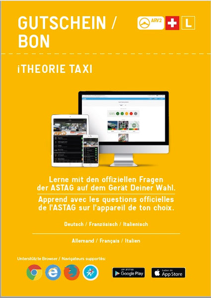 5 Gutscheine iTheorie Taxi zu je CHF 14.25 (inkl. MwSt)/ 5 bons d’achat pour iThéorie Taxi à 14.25 CHF